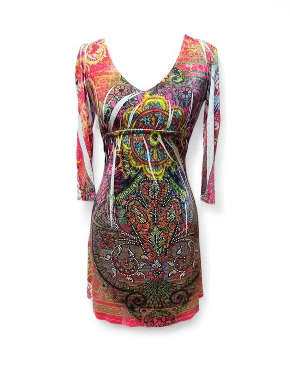 Y2K Rhinestone Tattoo Print Dress Whimsigoth Fairy Grunge Boho Psychedelic Vtg